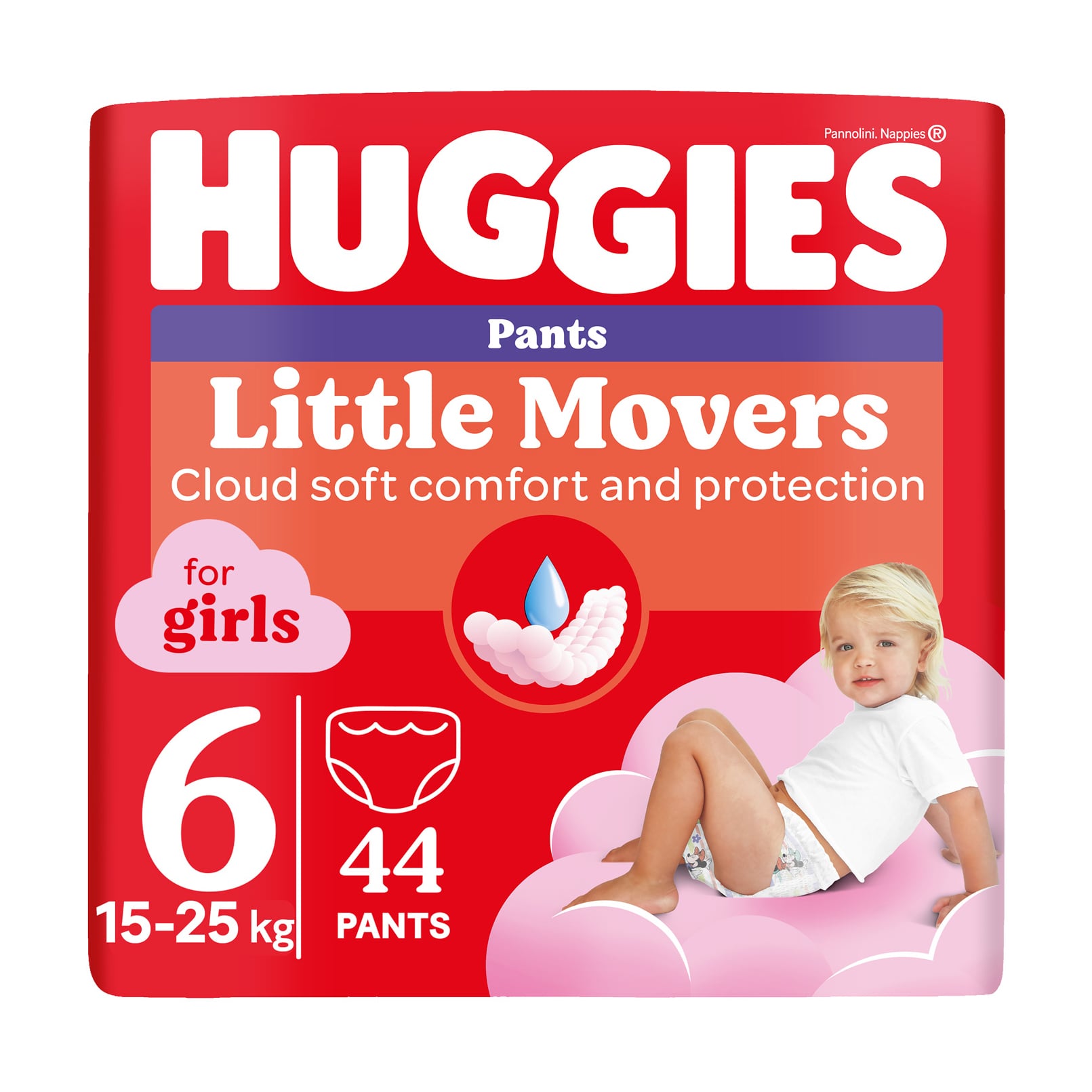 Підгузки-трусики Huggies Little Movers Pants для дівчаток, розмір 6 (15-25 кг), 44 шт