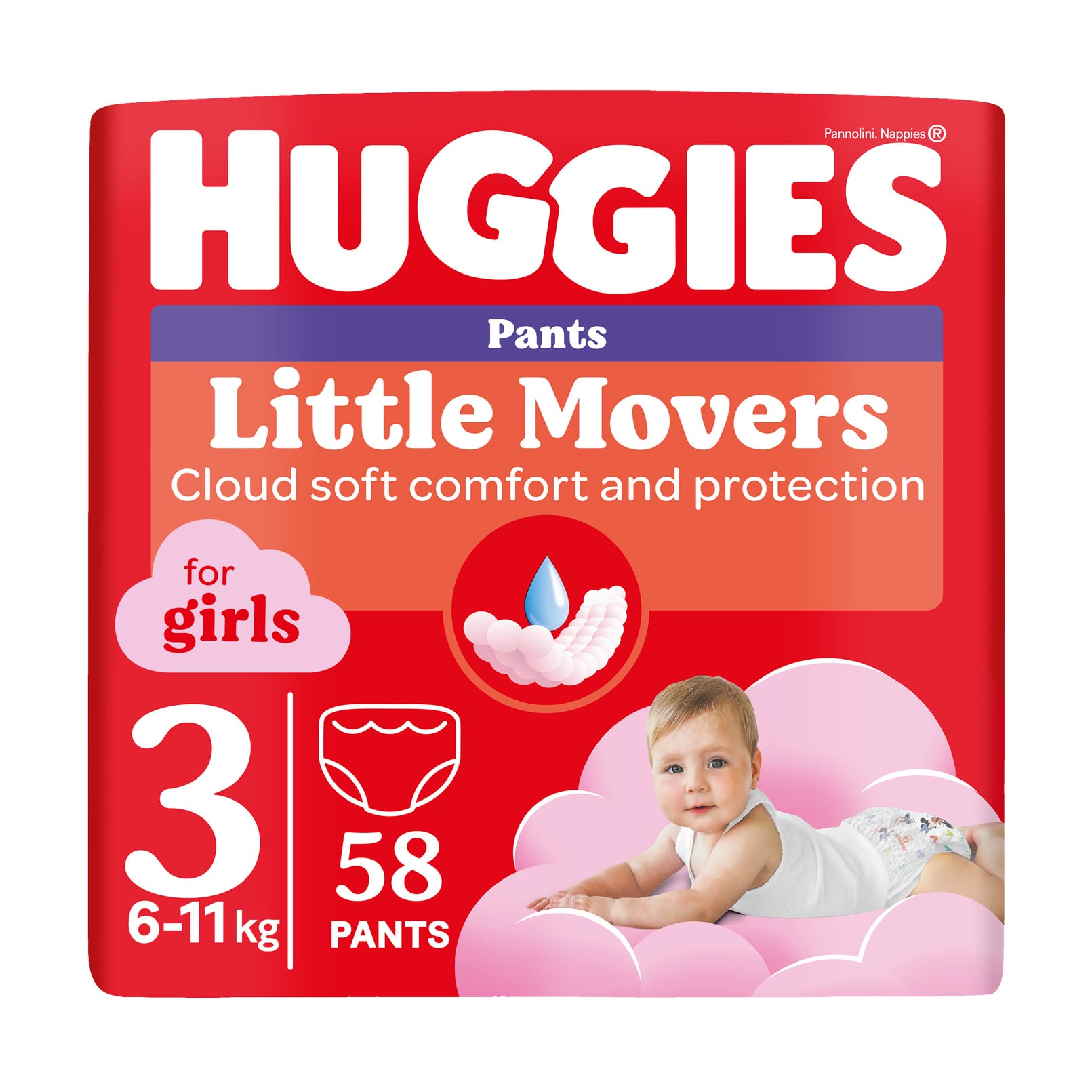 Підгузки-трусики Huggies Little Movers Pants для дівчаток, розмір 3 (6-11 кг), 58 шт