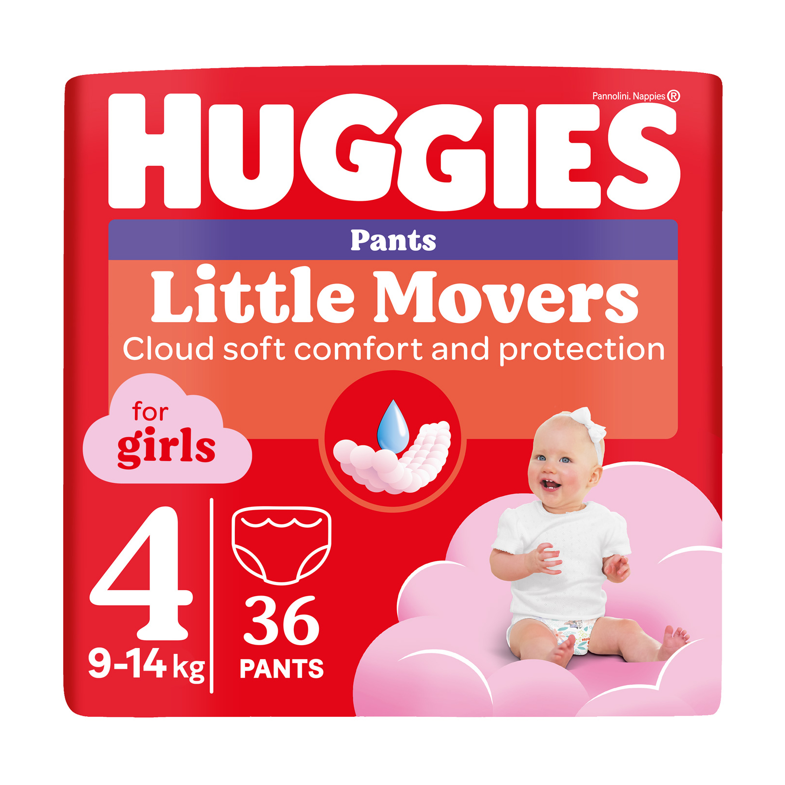 Підгузки-трусики Huggies Little Movers Pants для дівчаток, розмір 4 (9-14 кг), 36 шт