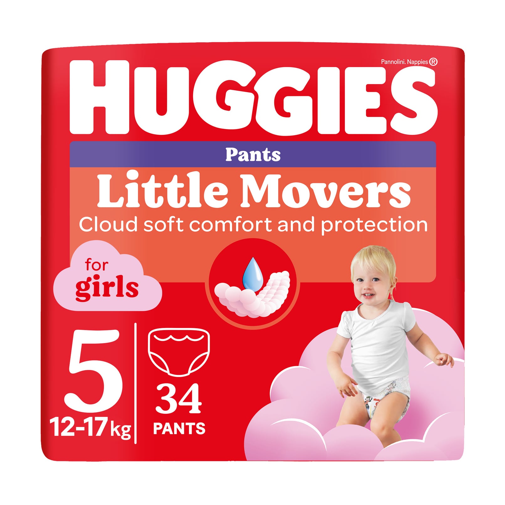 Підгузки-трусики Huggies Little Movers Pants для дівчаток, розмір 5 (12-17 кг), 34 шт