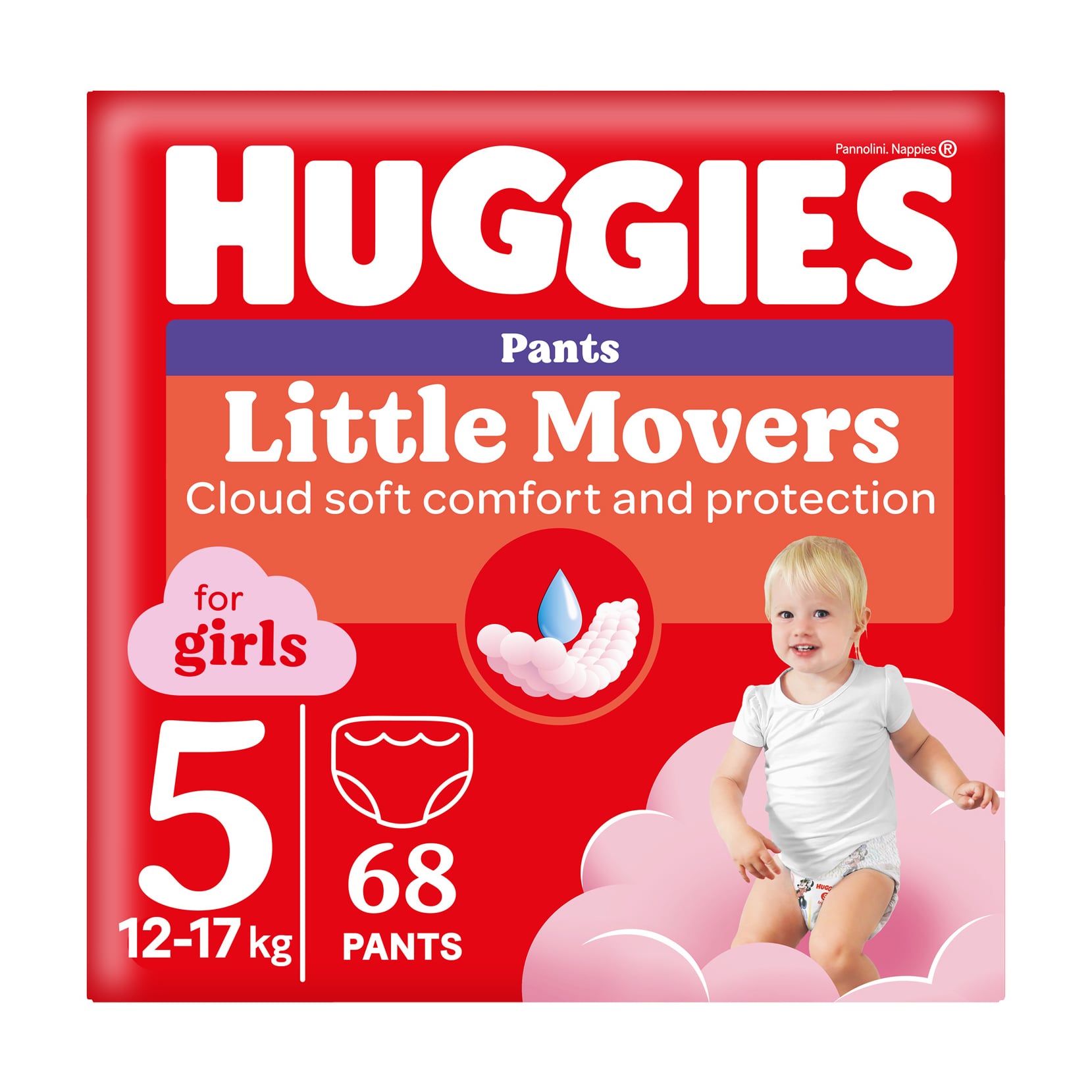 Підгузки-трусики Huggies Little Movers Pants для дівчаток, розмір 5 (12-17 кг), 68 шт